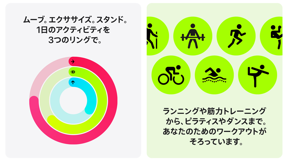 ムーブ。エクササイズ。スタンド。1日のアクティビティを3つのリングで。ランニングや筋力トレーニングから、ピラティスやダンスまで。あなたのためのワークアウトがそろっています。